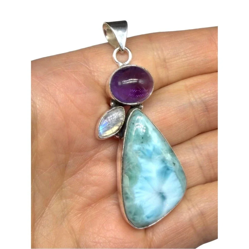Larimar Amethyst Rainbow Moonstone Necklace Pendant Solid 925 Sterling Silver